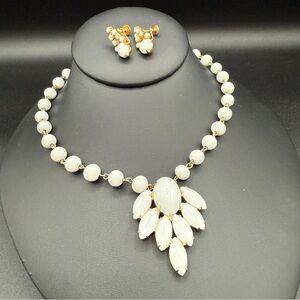 Gorgeous 1940s Milk Glass Prong Set Earrings and Necklace Set
